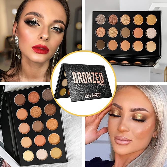 Nude Gold Eyeshadow Palette Natural Naked Smokey Warm Neutral 15 Shades, DE'LANCI Ultra-Blendable High Pigmented Matte Shimmer Matallic Long Lasting Waterproof Eye Shadow Pallet, Travel Size Makeup-Velvo Beauty