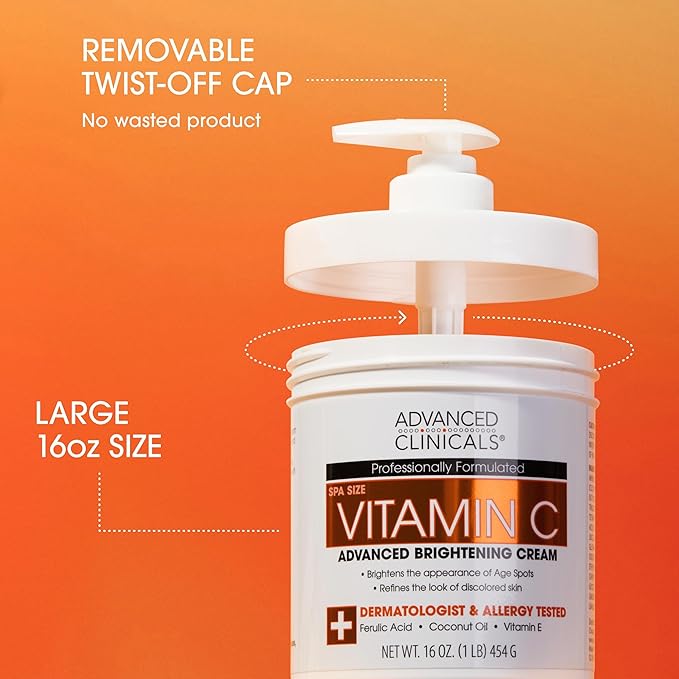 Advanced Clinicals Vitamin C Face & Body Cream Moisturizing Skin Care Lotion, Anti Aging Vitamin C Skincare Moisturizer For Body, Face, Age Spots, Wrinkles, & Sun Damaged Skin, Large 16oz (2-Pack)-Velvo Beauty