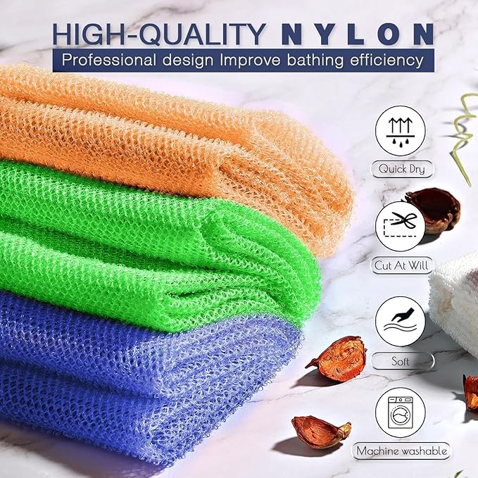 UJFQBH 3 Pieces African Bath Sponge African Net Long Net Bath Sponge Exfoliating Shower Body Scrubber Back Scrubber Skin Smoother,Great for Daily Use (Orange、Blue、Green)-Velvo Beauty