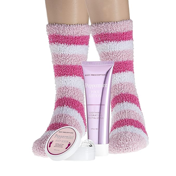 Live Green Bath and Body Pedicure Set- Relaxing Foot Care Set with Pink Fuzzy Socks, Peppermint Foot Lotion, and Foot Scrub, Holiday Present for Women-Velvo Beauty
