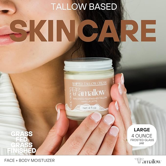 Amallow 100% Grass Fed Beef Tallow for Skin Care - Face + Body - Whipped Moisturizer - Natural Lotion, 4 FL. oz. (Vanilla Latte)-Velvo Beauty