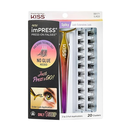 KISS imPRESS Falsies Press On Self Adhesive Eyelashes, 12mm-14mm Glam Volume Press On Lashes, Black, No Glue Needed, Invisible Band, 20 Lash Clusters & Non-Stick Applicator - Spiky-Velvo Beauty