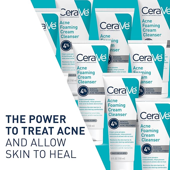 CeraVe Acne Foaming Cream Cleanser, 4% Benzoyl Peroxide Face Wash With Hyaluronic Acid, Niacinamide & Ceramides, Gentle Daily Acne Treatment For Face-Velvo Beauty