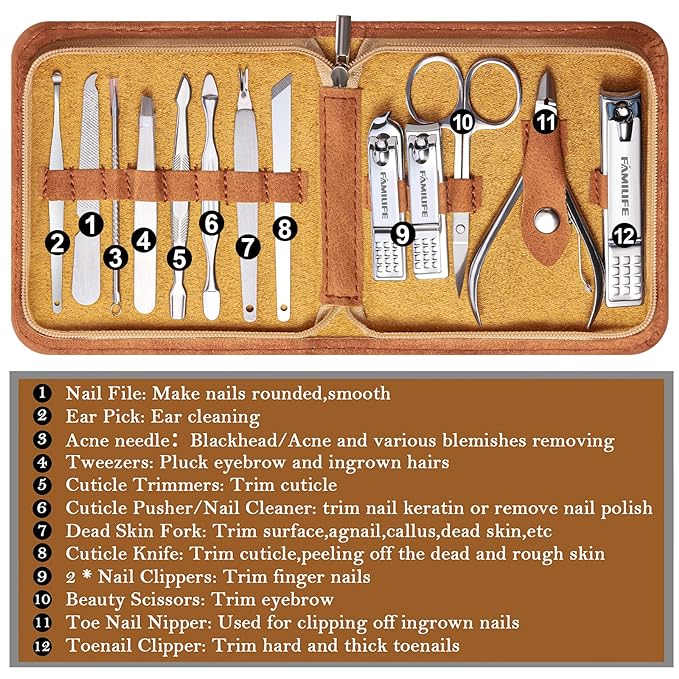 FAMILIFE Manicure Set, Nail Professional Kit Manicure Kits Nail Clipper Sets, 13PCS Stainless Steel Pedicure Sets Mens Grooming Tool, with Brown Leather Travel Case for Men-Velvo Beauty
