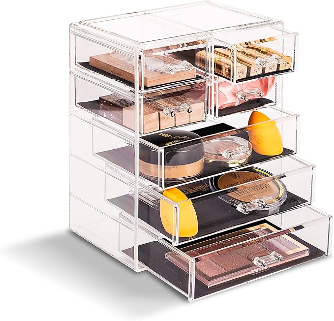 Sorbus Acrylic Makeup Organizer - Organization and Storage Case for Cosmetics Make Up & Jewelry - Big Clear Makeup Organizer for Vanity, Bathroom, College Dorm, Closet, Desk (3 Large, 4 Small Drawers)-Velvo Beauty