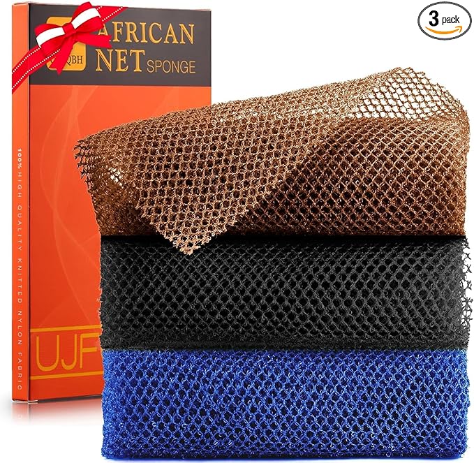3 Pieces African Bath Sponge African Net Long Net Bath Sponge Exfoliating Shower Body Scrubber Back Scrubber Skin Smoother,Great for Daily Use (Black、Blue、Brown)-Velvo Beauty