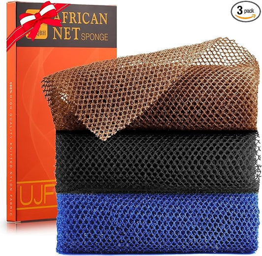 3 Pieces African Bath Sponge African Net Long Net Bath Sponge Exfoliating Shower Body Scrubber Back Scrubber Skin Smoother,Great for Daily Use (Black、Blue、Brown)-Velvo Beauty