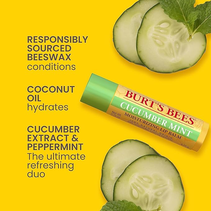 Burt's Bees Lip Balm - Original Beeswax, Cucumber Mint, Watermelon & Sweet Mandarin, With Responsibly Sourced Beeswax, Tint-Free, Natural Origin Treatment, 4 Tubes, 0.15 oz.-Velvo Beauty