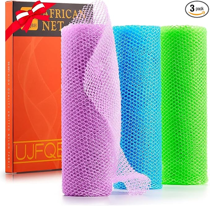 UJFQBH 3 Pieces African Bath Sponge African Net Long Net Bath Sponge Exfoliating Shower Body Scrubber Back Scrubber Skin Smoother,Great for Daily Use (Pale Purple, Blue, Green)-Velvo Beauty