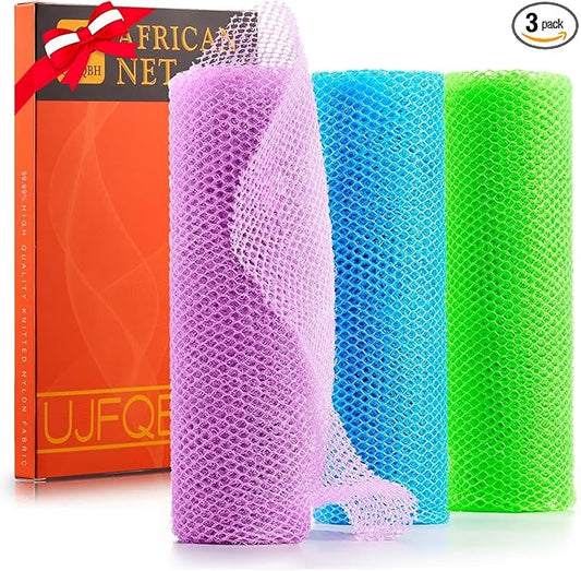 UJFQBH 3 Pieces African Bath Sponge African Net Long Net Bath Sponge Exfoliating Shower Body Scrubber Back Scrubber Skin Smoother,Great for Daily Use (Pale Purple, Blue, Green)-Velvo Beauty