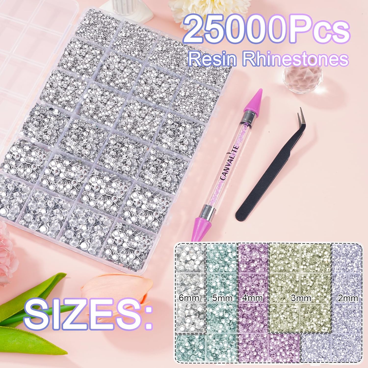 Canvalite 25000Pcs Resin Jelly Rhinestones for Crafting, Clear Flatback Gems, Bedazzling Crystal with 5Pcs 2.5g B7000 Jewelry Glues and Tweezers and Dotting Pen for DIY Crafts Clothing Shoes Nail Art-Velvo Beauty