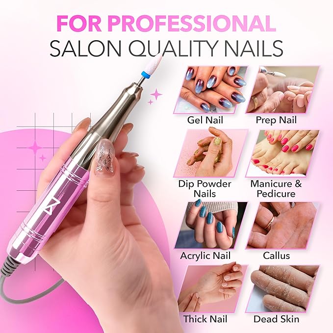 M Mase- Professional Nail Drill Machine - Coreless 2-in-1 Nail File - Electric, Cordless, 35000 RPM, HD Display - Electric Nail Drill for Professional & Home Use (Unicorn Pink)-Velvo Beauty