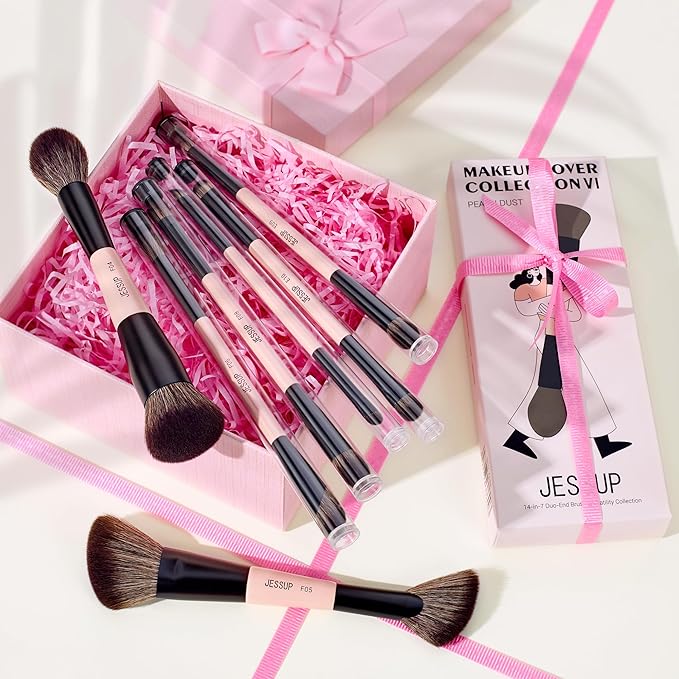 Jessup Makeup Brushes Set 7pcs Double Sided Makeup Brushes for Foundation Concealer Blush Eyeshadow Contour Bronzer Powder Blending Eyebrow Eyeliner, Cruelty-Free Make up Brushes Peach Dust T600-Velvo Beauty