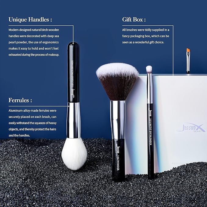 Jessup 25pcs Professional Makeup Brush Set Foundation Powder Concealer Eyeshadow Blending Blush Highlighter Natural-Synthetic Hair Brushes (Black/Silver)-Velvo Beauty
