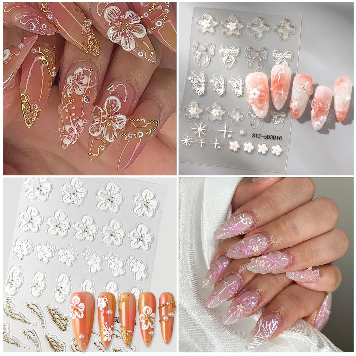 Flower Nail Art Stickers 5D Embossed Nail Decals Spring Summer Colorful Flower Nails Design Self-Adhesive 3D Accessories for Women Nails DIY Decoration(6 Sheets)-Velvo Beauty