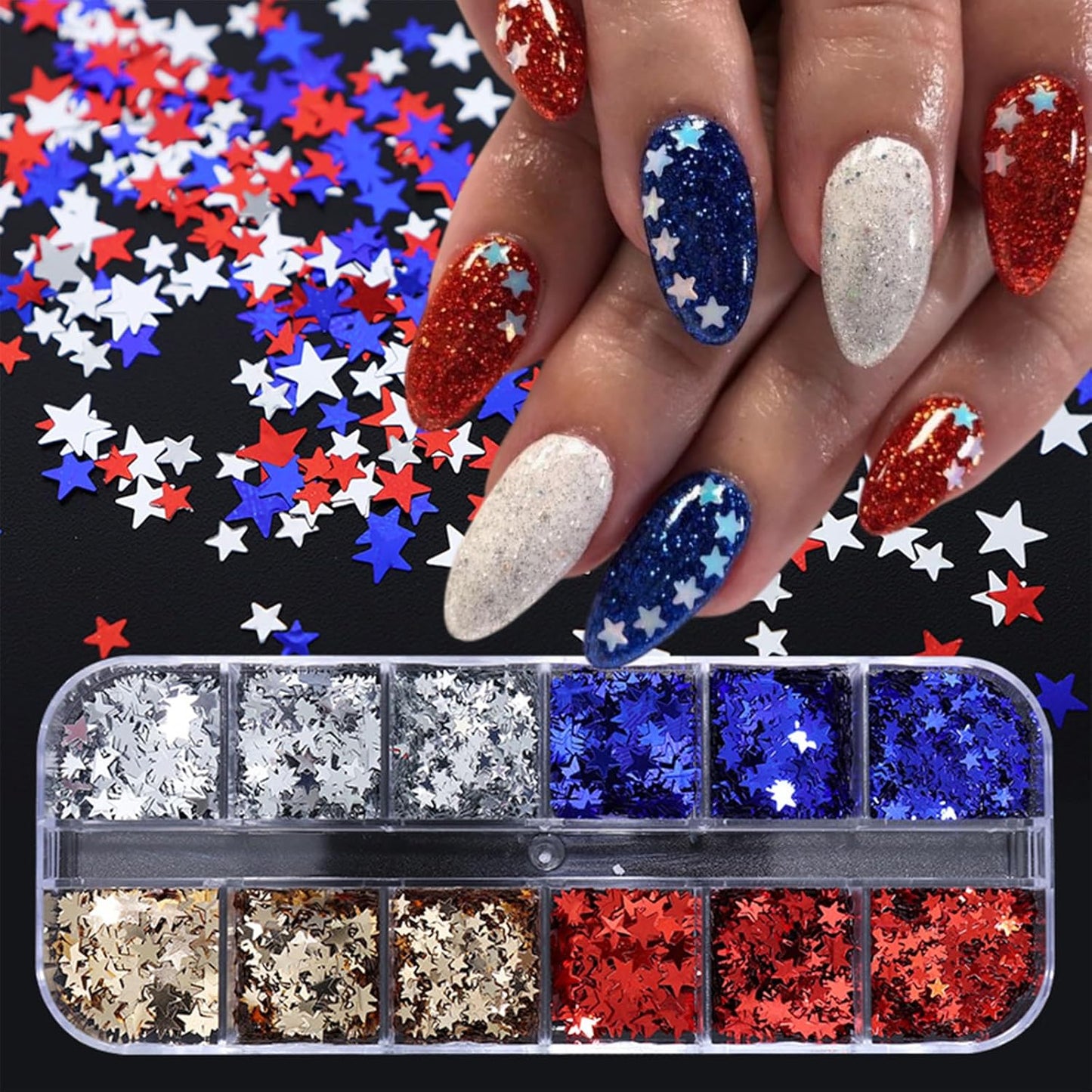 12 Grids Independence Day Nail Sequins,3D Holographic Nails Glitter Laser Star Nail Shining Flakes for Fourth of July Five-Pointed Star Mixed Sequins for America Patriotic Face Makeup Nail Decoration-Velvo Beauty