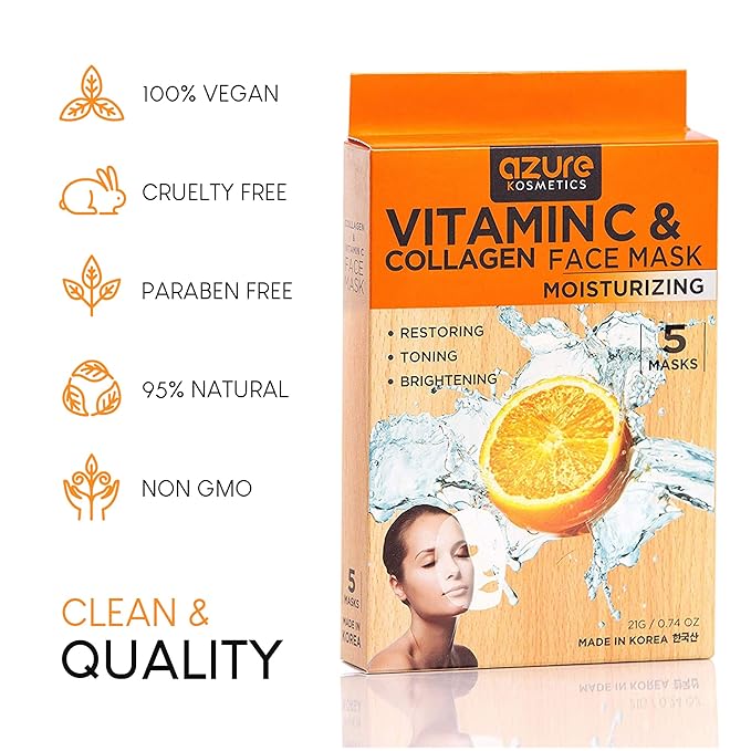 Azure Cosmetics Vitamin C & Collagen Face Mask - Dermatologist Tested, Anti Aging, Hydrating & Moisturizing Sheet Mask for Dry Skin - Firms, Tones & Smooths Fine Lines - Korean Skin Care - Pack of 5-Velvo Beauty