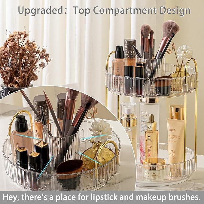 Rotating Makeup Organizer for Vanity, High-Capacity Skincare Clear Make Up Storage Perfume Organizers Cosmetic Dresser Organizer Countertop 360 Spinning (Clear, New-2 Tier)-Velvo Beauty