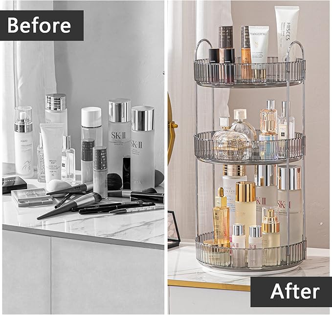 Rotating Makeup Organizer for Vanity, High-Capacity Skincare Clear Make Up Storage Perfume Organizers Cosmetic Dresser Organizer Countertop 360 Spinning (Gray, 3 Tier)-Velvo Beauty