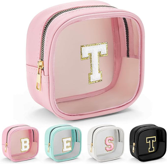 YOOLIFE Mini Birthday Gifts for Women - Personalized Cute Pink Initial Clear Makeup Bag Make Up Bag Travel Bag for Mothers Day Gifts Teacher Sister Friend Female Girlfriend Wife Teen Gifts Party Bag T-Velvo Beauty