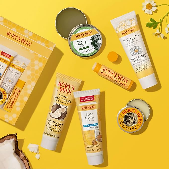 Burt's Bees Back to School Gifts Ideas, 6 College Dorm Products, Timeless Minis Set – Beeswax Lip Balm, Coconut Foot Cream, Milk & Honey Body Lotion, Deep Cleansing Cream, Res-Q Ointment & Hand Salve-Velvo Beauty