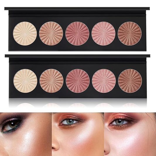 2 Packs Highlighter Powder Palette, 5 Colors Makeup Palette Contour Palette Eyeshadow Makeup Kit Waterproof Long Lasting Brilliant Lighten Skin Color Professional Face Shading Set (2, brown, Large)-Velvo Beauty