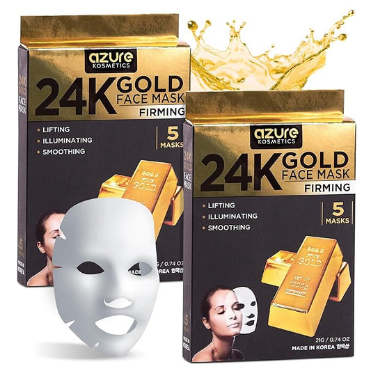 AZURE 24K Gold Face Mask- Anti Aging, Hydrating, Toning Facial Mask - Helps Reduce Wrinkles & Fine Lines with Hyaluronic Acid & Collagen - Skin Care Made in Korea - Pack of 10-Velvo Beauty