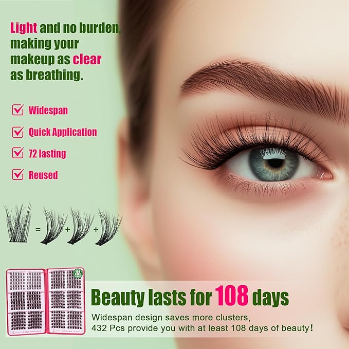 Lash Clusters Kit - 0.05mm Lash Clusters Natural & Fluffy Lash Extension Kit 432Pcs Biodegradable Eyelash Clusters with Bond Seal Starter Kit, Cruelty Free Eyelashes Lightweight Reusable-Velvo Beauty