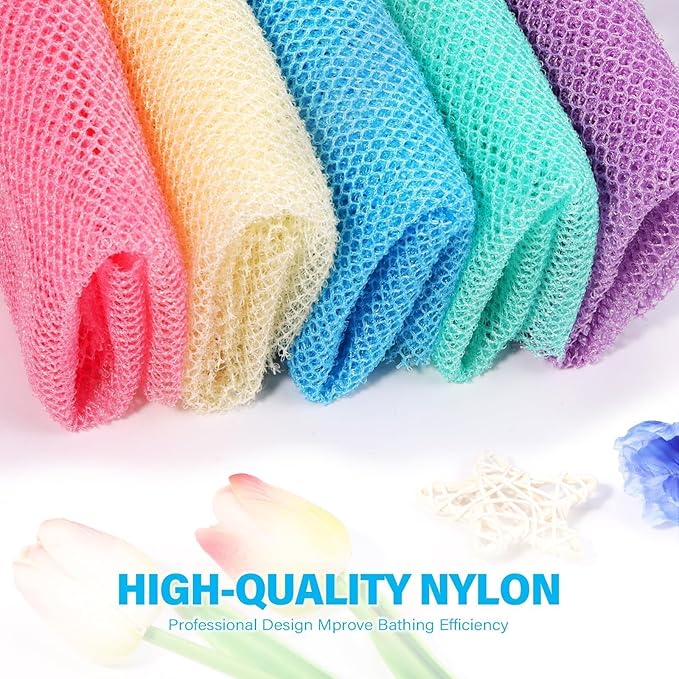 UJFQBH 5 Pieces African Bath Sponge African Net Long Net Bath Sponge Exfoliating Shower Body Scrubber Back Scrubber Skin Smoother,Great for Daily Use (Purple, Pink, Green, Blue, White)-Velvo Beauty