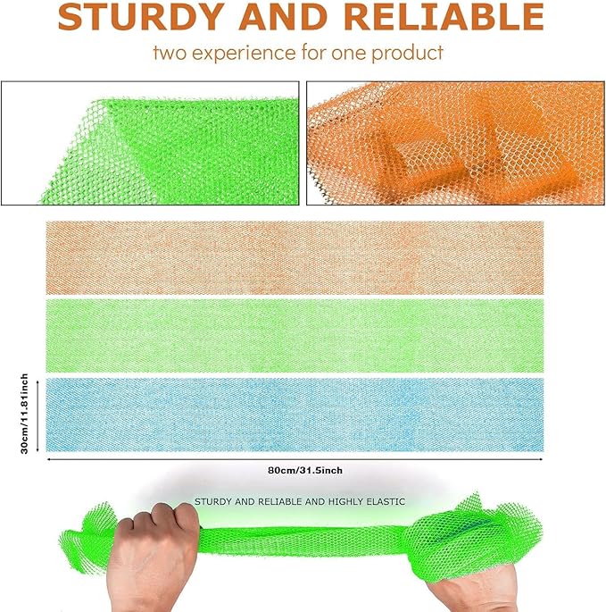 UJFQBH 3 Pieces African Bath Sponge African Net Long Net Bath Sponge Exfoliating Shower Body Scrubber Back Scrubber Skin Smoother,Great for Daily Use (Orange、Blue、Green)-Velvo Beauty