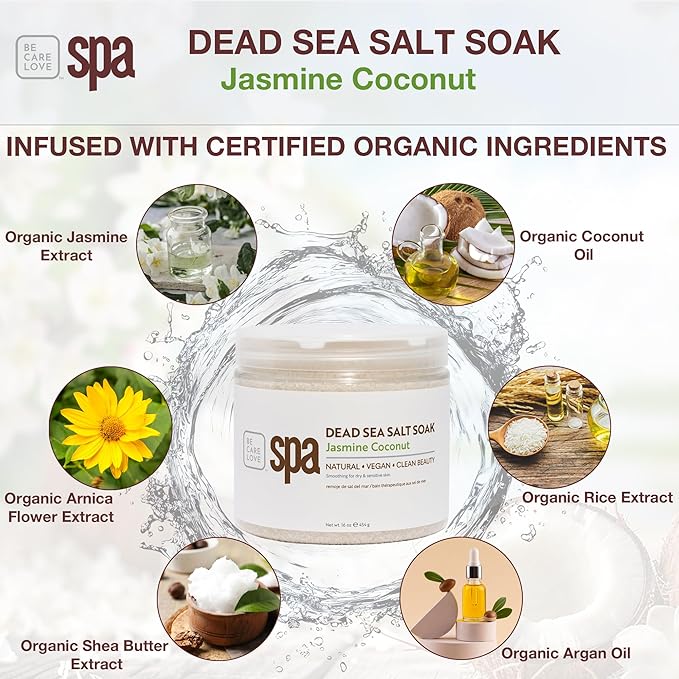 BCL SPA Dead Sea Salt Soak - Bath Salt with Organic Jasmine + Coconut, Shae Butter, Arnica, Aloe Vera Juice, Chamomile, Argan Oil & Jojoba Oil Skin Exfoliator - Home/Professional Use 16 fl oz-Velvo Beauty