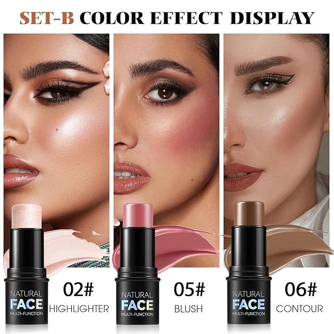 3Pcs Cream Contour Stick Makeup Kit - Cream Blush Stick Highlighter Stick Contour Bronzer Stick for Cheeks, Waterproof Long Lasting Blendable, Contour Stick Trio for Face Makeup (#02, 05, 06)-Velvo Beauty