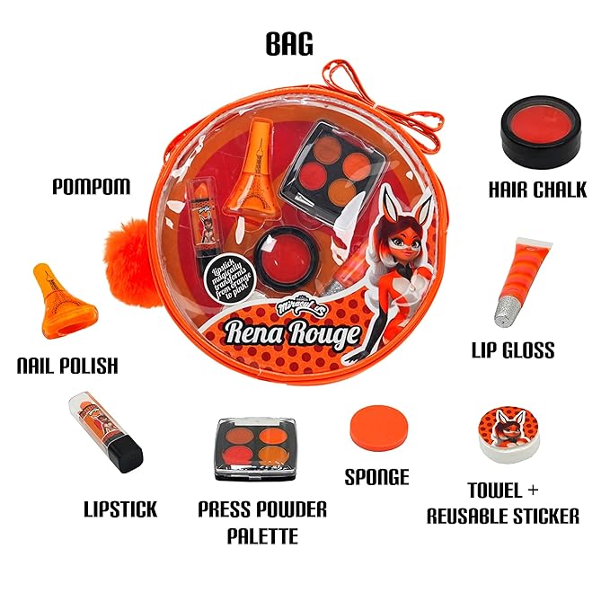 Miraculous Ladybug Kids Makeup Set - 10 Piece Bag with Nail Polish, Hair Chalk, Stickers & More - Safe, Non-Toxic Pretend Play Cosmetics - Rena Rouge Themed Makeup Kit for Children-Velvo Beauty