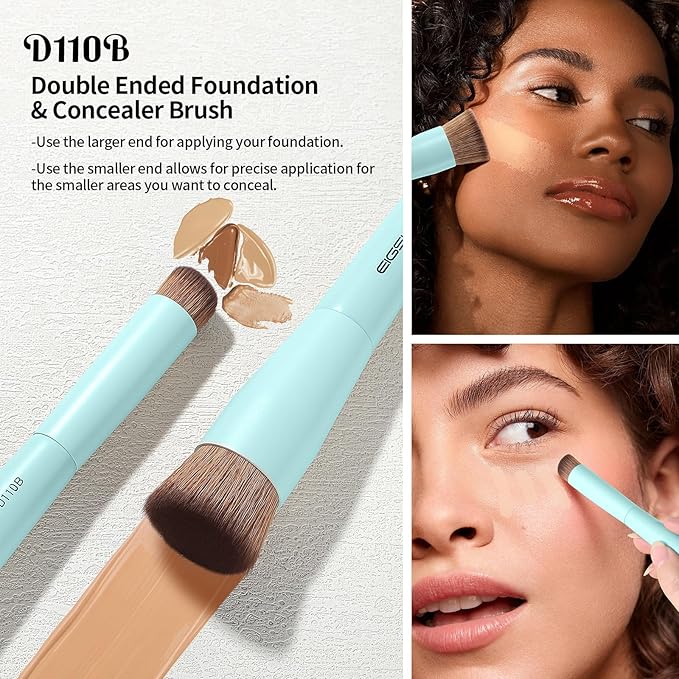 EIGSHOW Makeup Brush Set, 3Pcs Dual Ended Face Makeup Brushes for Foundation Powder Contour Highlight Concealer Nose Shadow, Travel Gift Set (Cyan)-Velvo Beauty