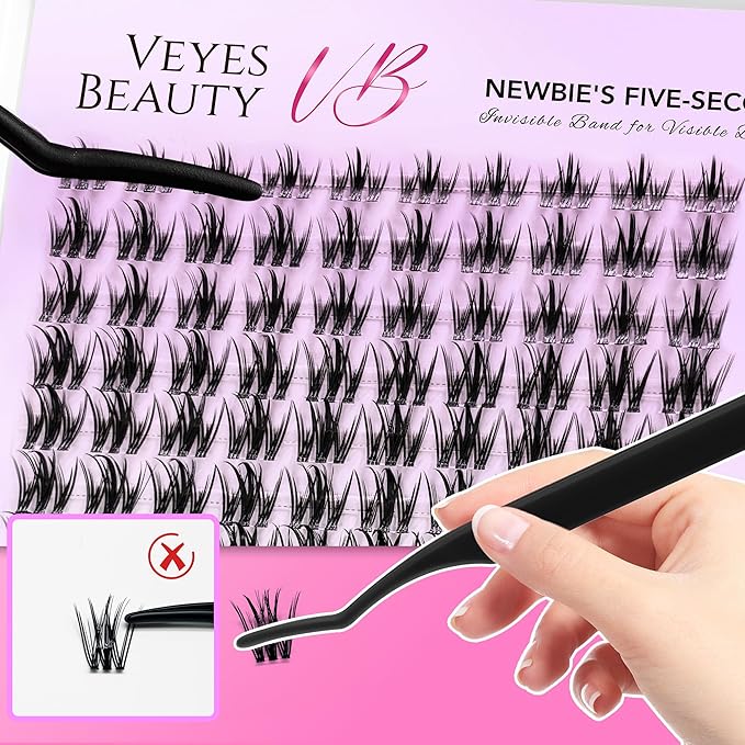VEYESBEAUTY Lash Clusters Kit Eyelash Extensions Thin & Invisible Band Individual False Eyelashes Newbie's Five-Second Series Wispy Lash Tray for Self-application, Camellia Lashes 8-18mm Mixed Length-Velvo Beauty