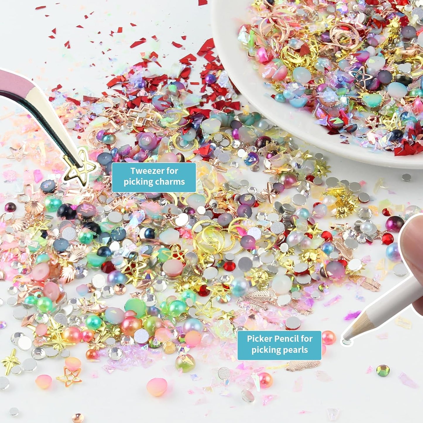 Artdone Nail Art Studs Kit, 6 boxes Multicolor And Design 3D Charms With 15 Sheets Gold Nail Stickers, Diamond Cute Nail Jewels For DIY Decoration with Pickup Tools-Velvo Beauty