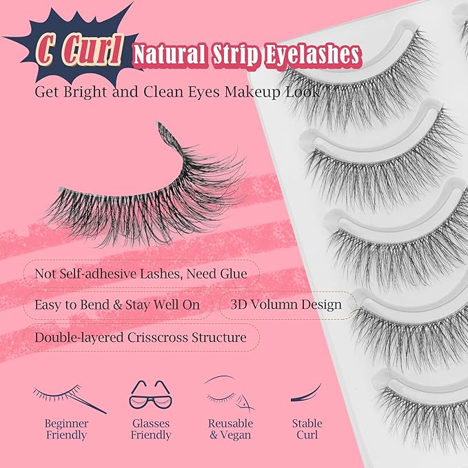 False Lashes Natural Look Wispy Eyelashes 13MM Eye Lash Pack for Daily C Curl Natural Lashes 7 Pair Siligli-Velvo Beauty