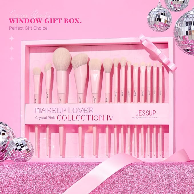 Jessup Pink Makeup Brushes Set 14Pcs Make up Brushes Premium Vegan Foundation Concealer Blush Eyeshadow Eyeliner Powder Highlighter Blending Face Brush Set with Gift Box, T495-G-Velvo Beauty