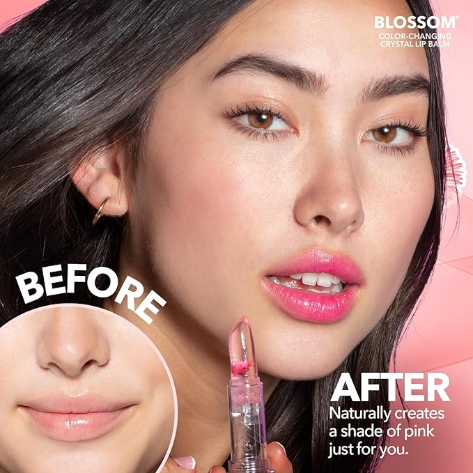 Blossom Moisturizing Custom Color Changing Crystal Lip Balm Strawberry Scented Lip Stain Tint, Mini Coconut Rollon Scented Lip Gloss, Infused with Real Flowers, 2 pk, Coconut/Purple-Velvo Beauty