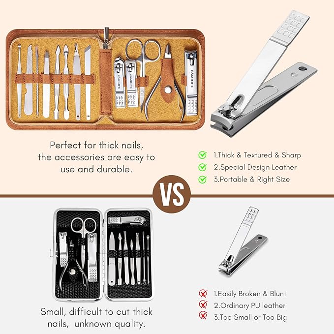 FAMILIFE Manicure Set, Nail Professional Kit Manicure Kits Nail Clipper Sets, 13PCS Stainless Steel Pedicure Sets Mens Grooming Tool, with Brown Leather Travel Case for Men-Velvo Beauty