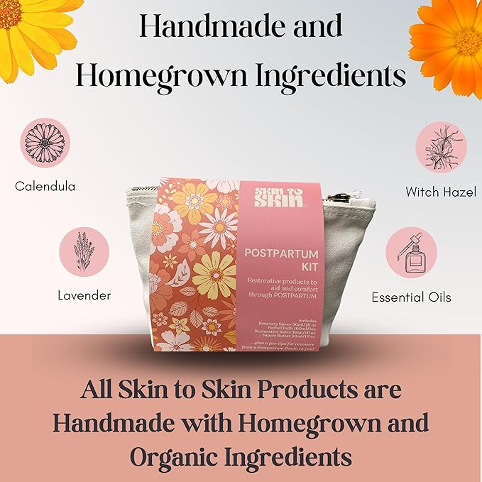 Skin to Skin Postpartum Kit-4 Piece Set in Cosmetic Bag - Postpartum Recovery - Includes: Herbal Bath, Recovery Spray, Restorative Salve, and Nipple Butter - Postpartum Care Kit - After Birth Care Kit-Velvo Beauty
