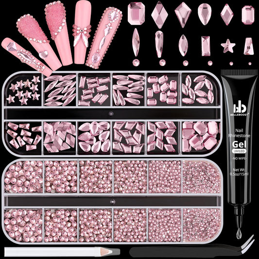 3220 Pink Glass Nail Rhinestones - Multi Shapes, Flatback Gems + 3100 Round Crystal with Glue Gel, Manicure Nail Charms for Art-Velvo Beauty