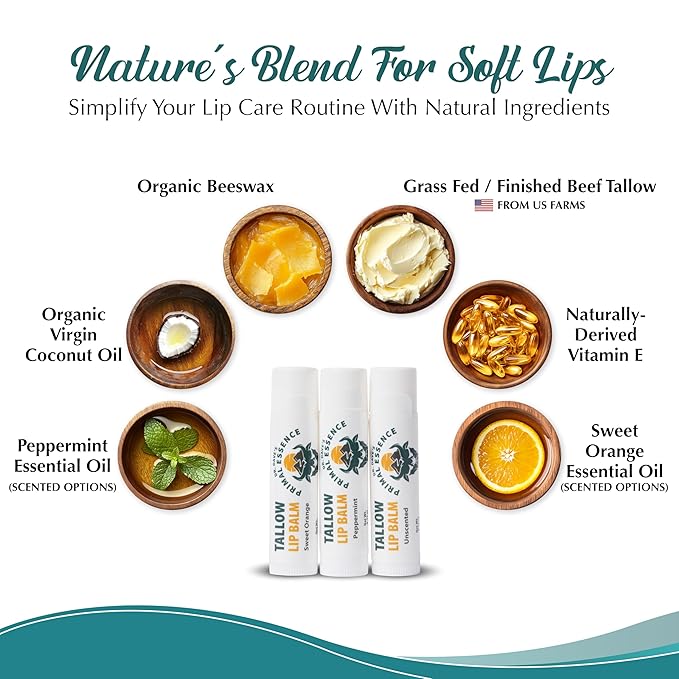 Moisturizing Tallow Lip Balm – Grass-Fed Beef Tallow with Organic Coconut Oil, Beeswax, and Vitamin E – Lip Balm Set – Variety Pack – Travel Essential – 3-Pack-Velvo Beauty