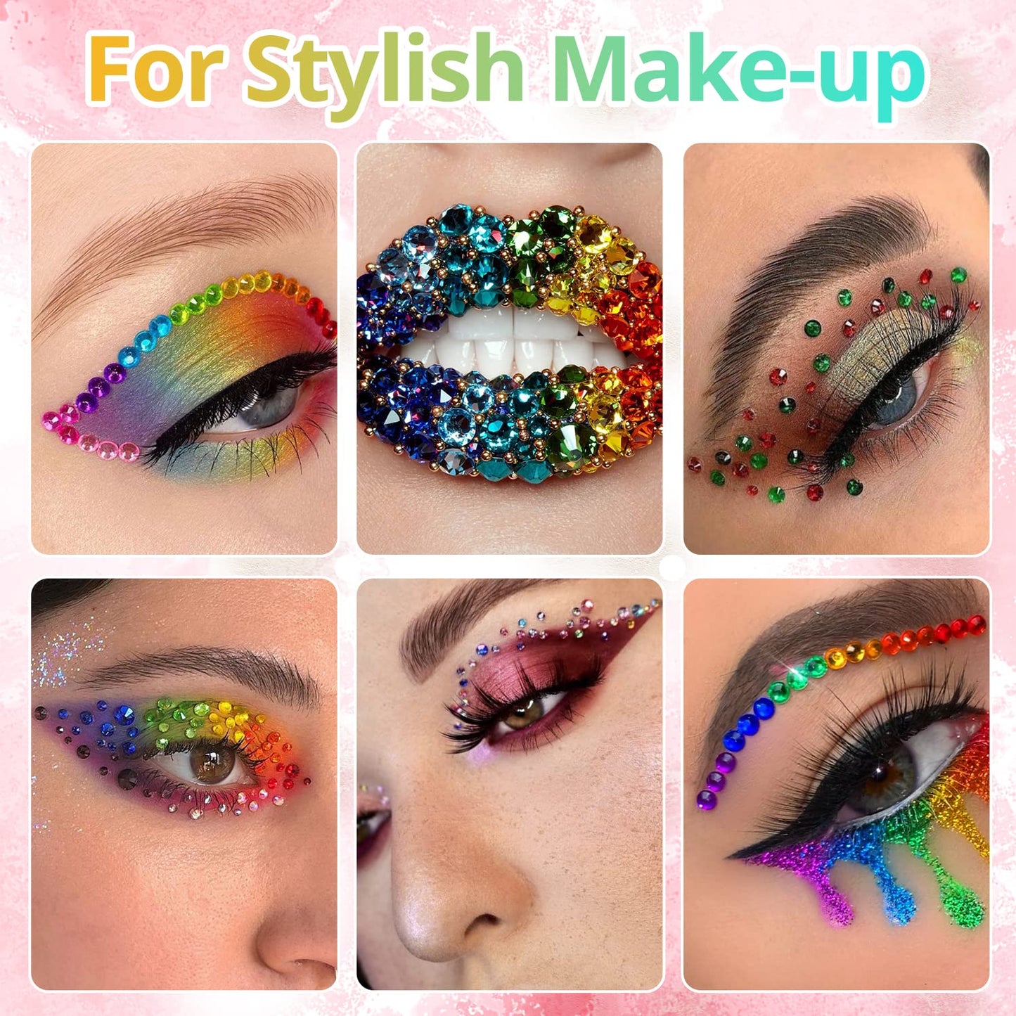Round Flatback Face Gems Kit (Colorful) for Makeup with Quick Dry Glue + Brush + Tweezer, Nail Art Rhinestones Mixed Color Iridescent Chameleon Glass Crystal Beads for Make-up Deco-Velvo Beauty