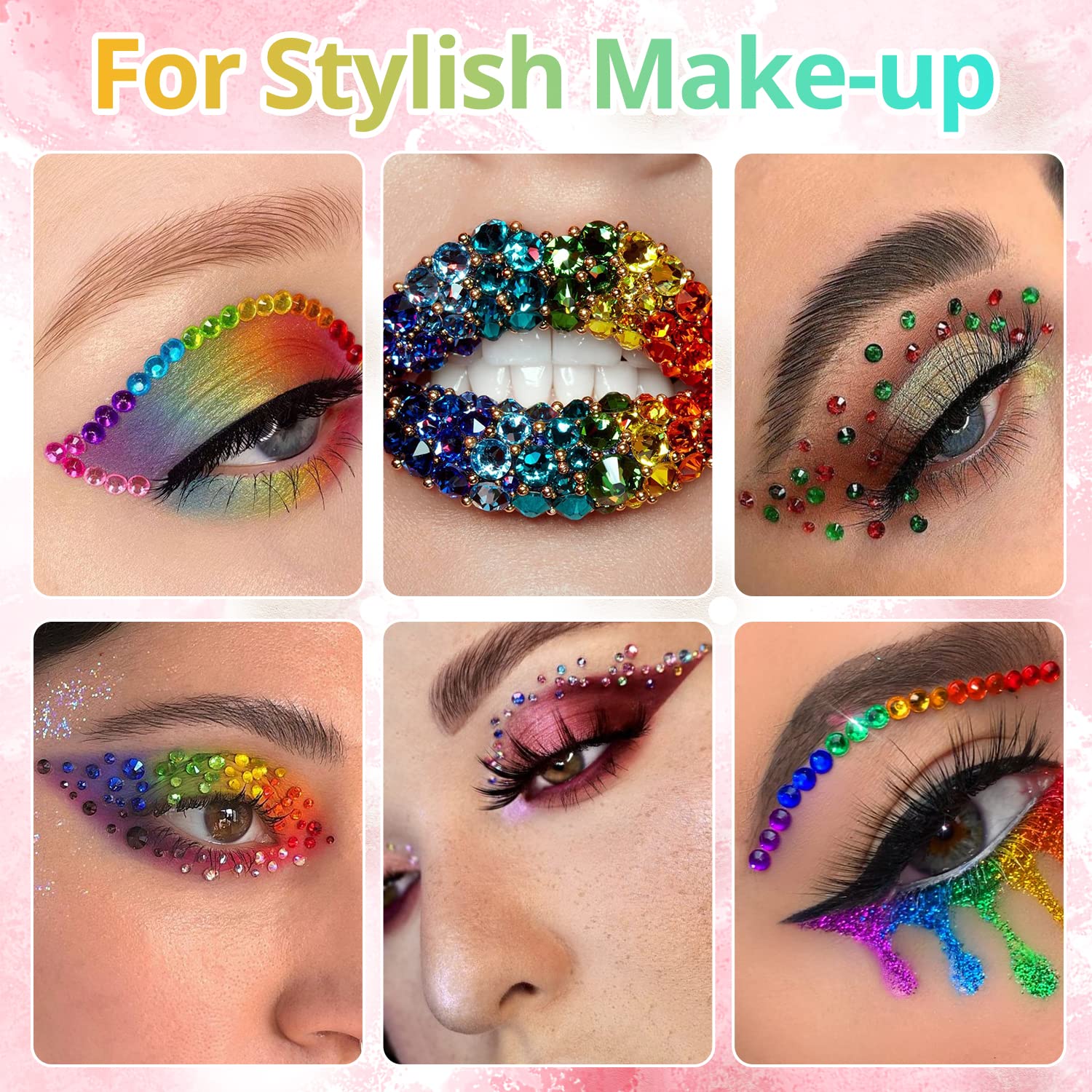 Round Flatback Face Gems Kit (Colorful) for Makeup with Quick Dry Glue + Brush + Tweezer, Nail Art Rhinestones Mixed Color Iridescent Chameleon Glass Crystal Beads for Make-up Deco-Velvo Beauty