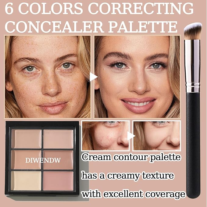 6 Colors Correcting Concealer Palette,Colors Corrector Palette,Moisturizing Full Coverage Liquid Foundation Cream Contour Makeup Palette with Brush-Velvo Beauty