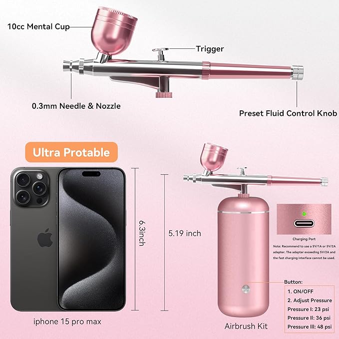 Airbrush Kit with Compressor - 48PSI High-Pressure, Non-Clogging Air Brush Set Cordless Rechargeable with 0.3mm Nozzle and Cleaning Brush for Nail Art, Makeup, Painting, and Cake Decorating-Velvo Beauty