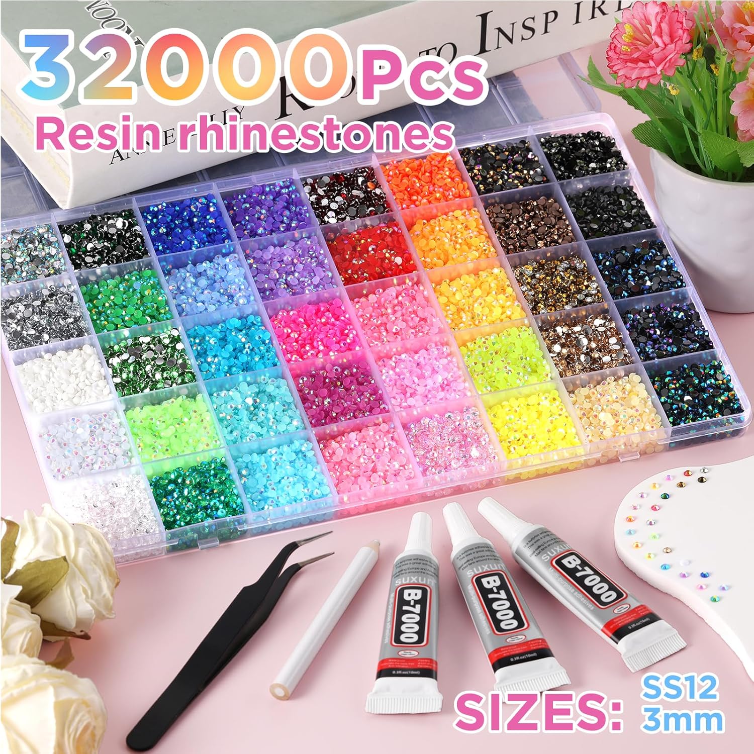 Zefy 40 Colors Resin Jelly Rhinestones for Bedazzling, 3mm 32000 Pcs Flatback Gems for Crafting, Bedazzling Kit with 3Pcs B7000 Glue for Clothing Shoes Nail Book Diamond Art-Velvo Beauty