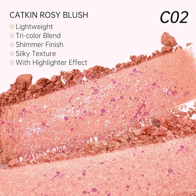 CATKIN Powder Blush for Cheek Blusher Natural Shimmering Blush & Highlight 2 in 1 Creamy Blendable Baked Blush Palette 10g C02 Lovely Cheek-Velvo Beauty