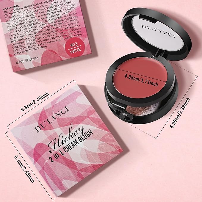 DE'LANCI Hydrating Cream Blush for Cheeks & Lips & Eyeshadow, Creamy & Long-lasting Waterproof Blush Balm, Lightweight Matte Blush for natural look, Travel Size, Highly Pigmented, Built-in Brush, Wine-Velvo Beauty